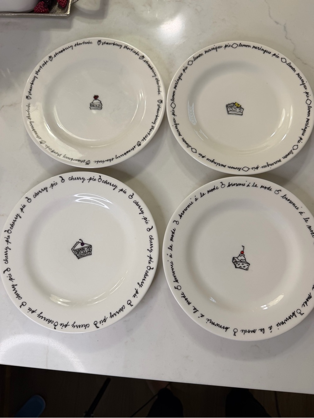 Pottery Barn porcelain Dessert Plates – White with Black Script and Cake Motifs